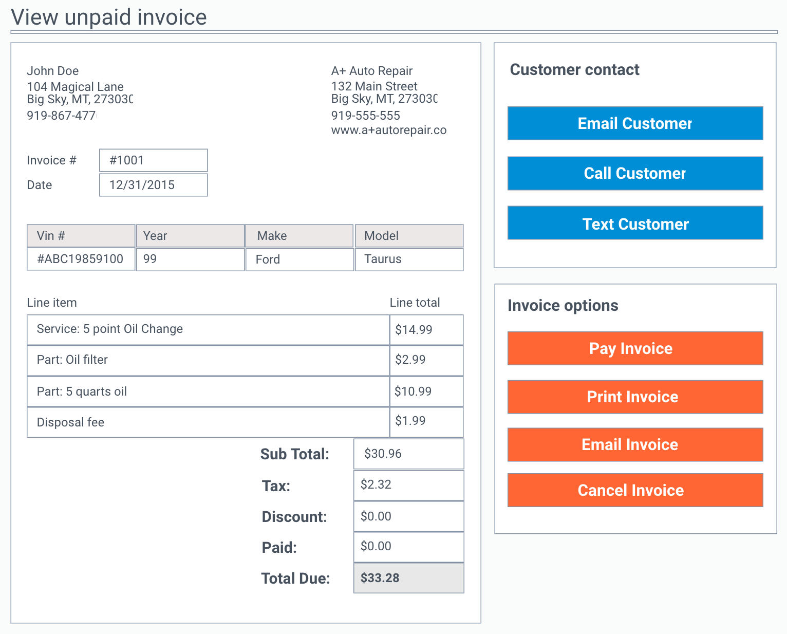 screen shot of invoice management tool