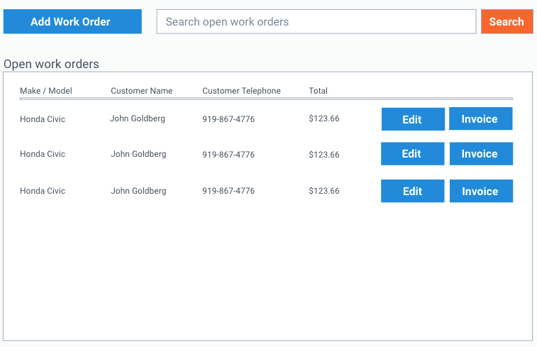 auto service customer management screen