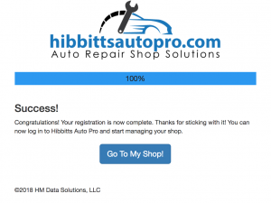 Free automotive shop management software registration success.