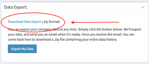 The data export panel now contains a link to your data dump file. Click this to start your download.