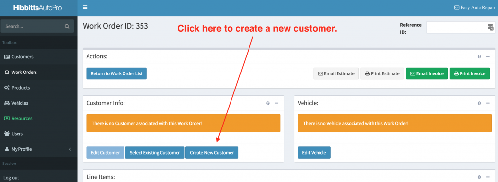 Location of the "create new customer" button on the work order creation screen.