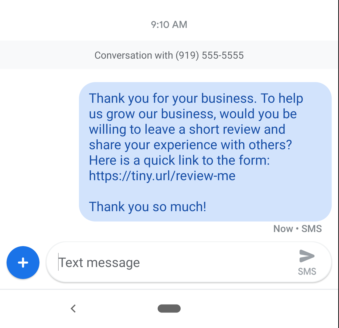 Screenshot of a text message which asks for an online review.