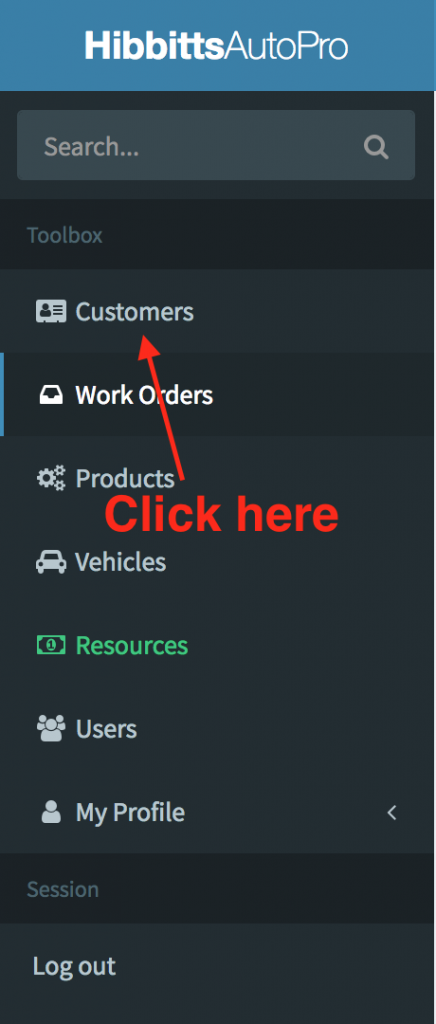 Location of the Customers link in the user main menu.