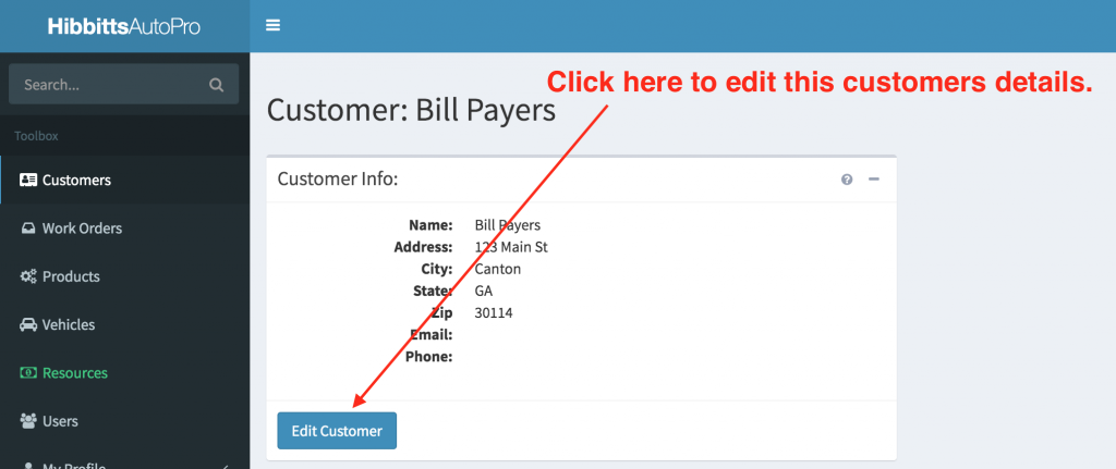 Location of the customer edit button on the customer details page.