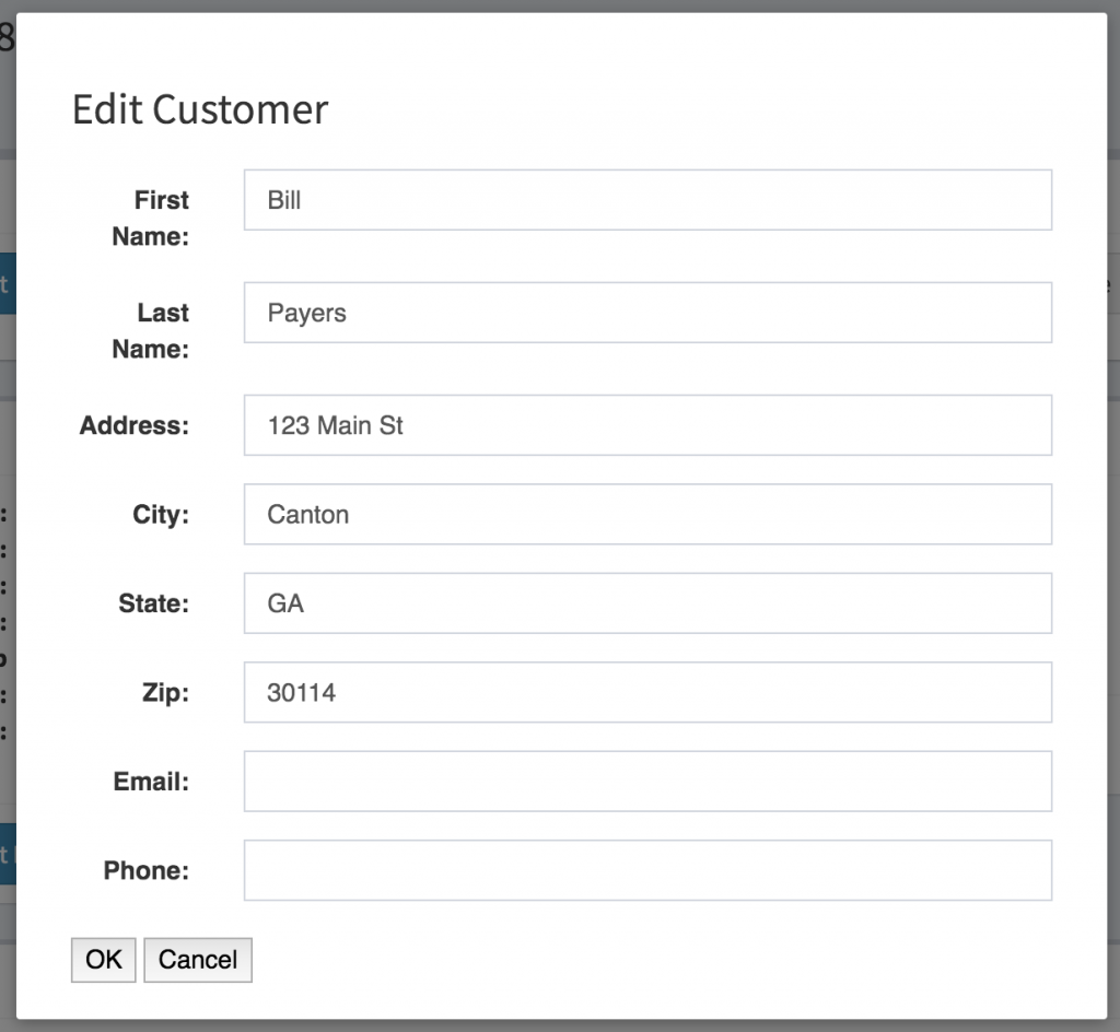The edit customer modal where you can change your customer contact information.