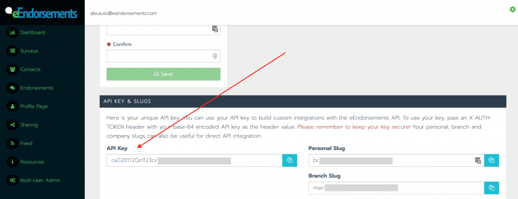 API key location within the eEndorsements My Account page. Blotted out for security reasons.