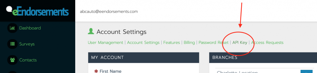 API key location within eEndorsements on the "My Account" page.