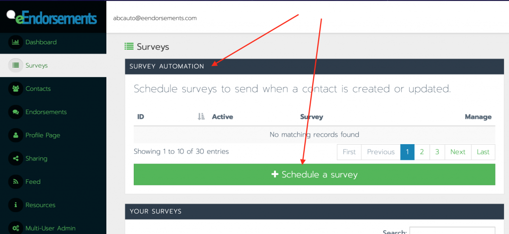 The location of the survey automation panel and schedule a survey button within the eEndorsements platform.