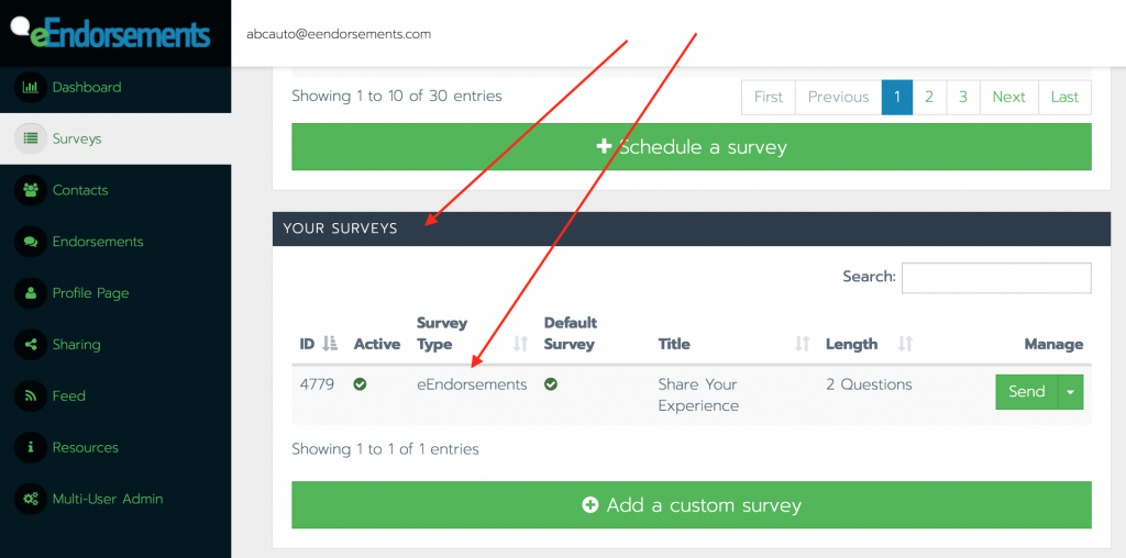 The "Your Surveys" block within the eEndorsements platform.