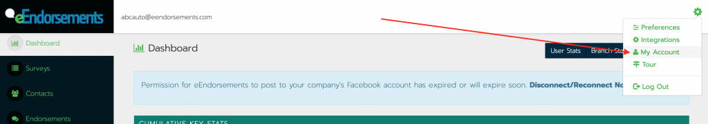 My account menu link in the eEndorsements user menu.