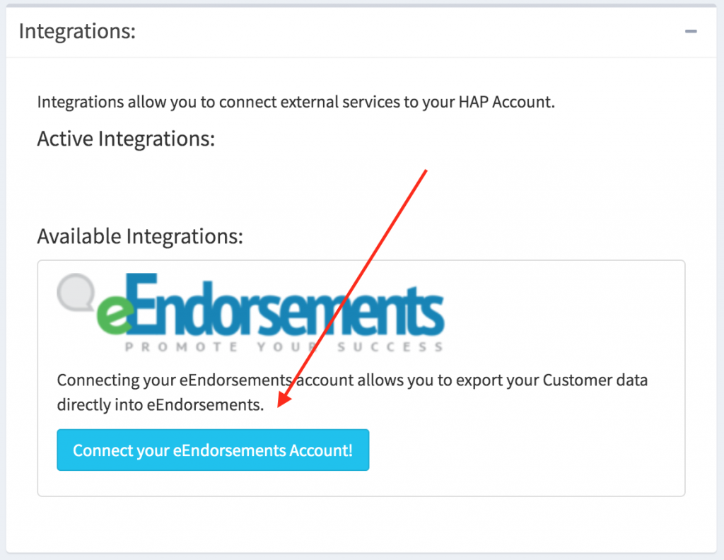 eEndorsements integrations button within the hibbittsautopro.com application.