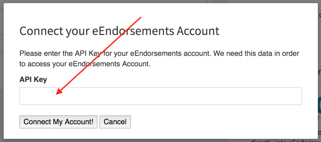 eEndorsements integration modal. A field for inputing your API key.