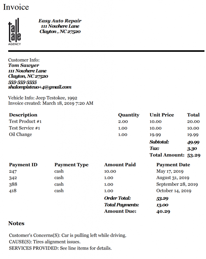 Printed invoice example that includes payments applied against the work order.