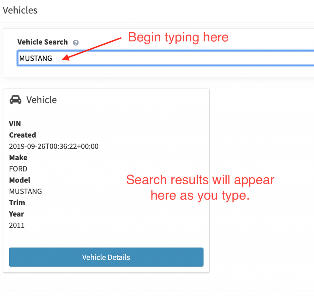 An example of a search with vehicle search results.