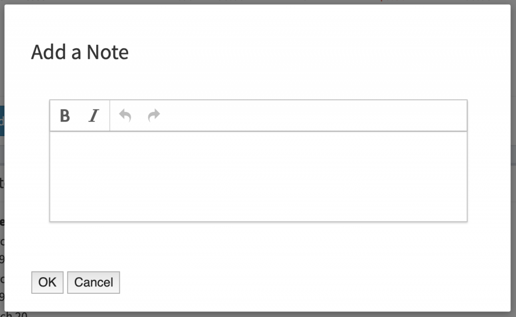 The popup modal used for adding notes to a work order.