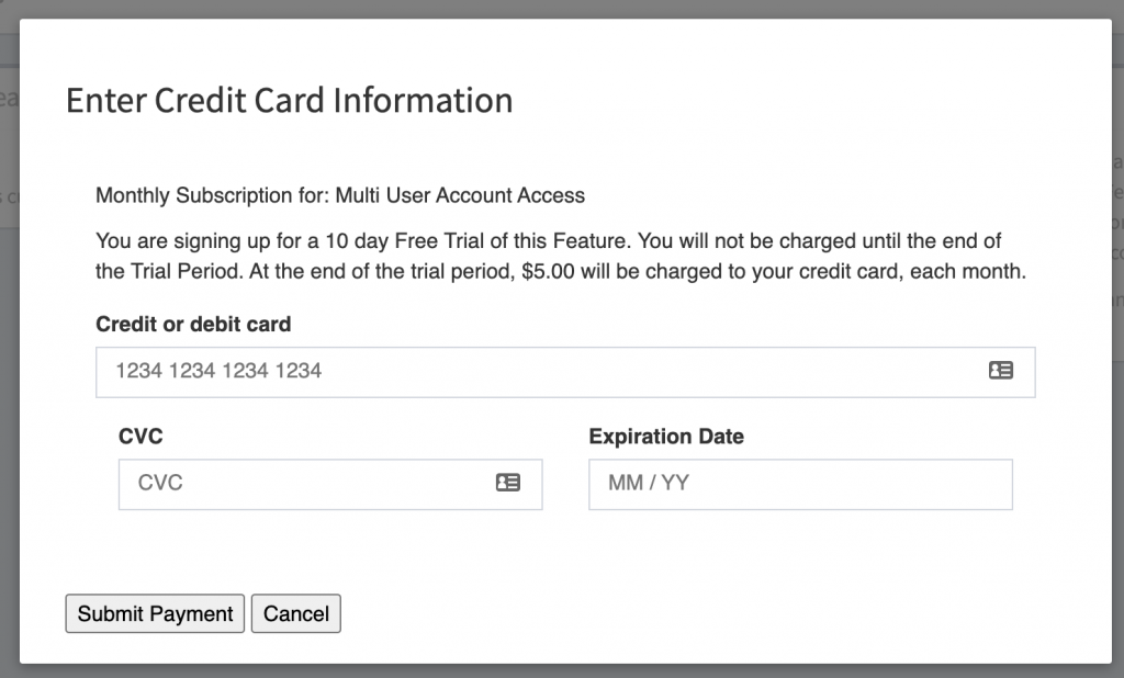 Credit card collection modal for premium features.