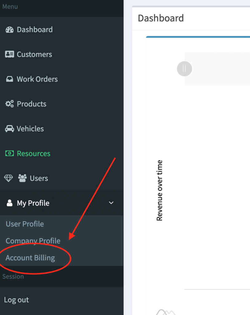 Account billing menu link in the left column of the page.