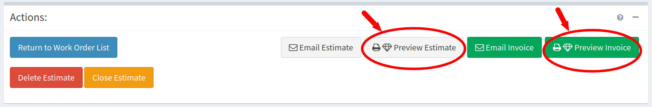 Location of the Preview estimate and Preview invoice buttons.
