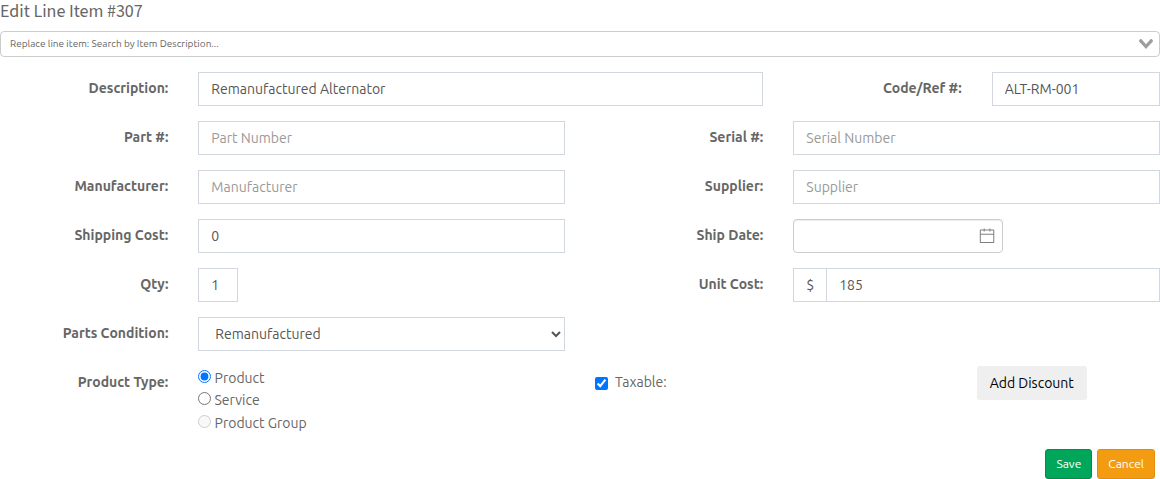 Parts Condition dropdown while editing a work-order line item in HibbittsAutoPro