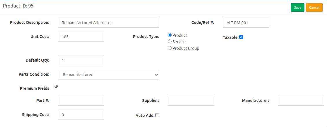 Parts Condition dropdown while editing a saved product in HibbittsAutoPro