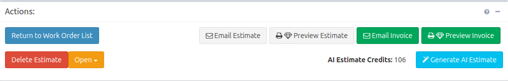 Preview Estimate and Email Estimate buttons in the HibbittsAutoPro Actions panel