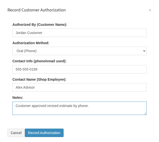 Record Customer Authorization form with oral approval details