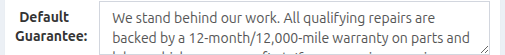 Default Guarantee field in the HibbittsAutoPro Company Profile