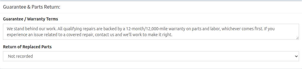 Return of Replaced Parts selection on a HibbittsAutoPro work order